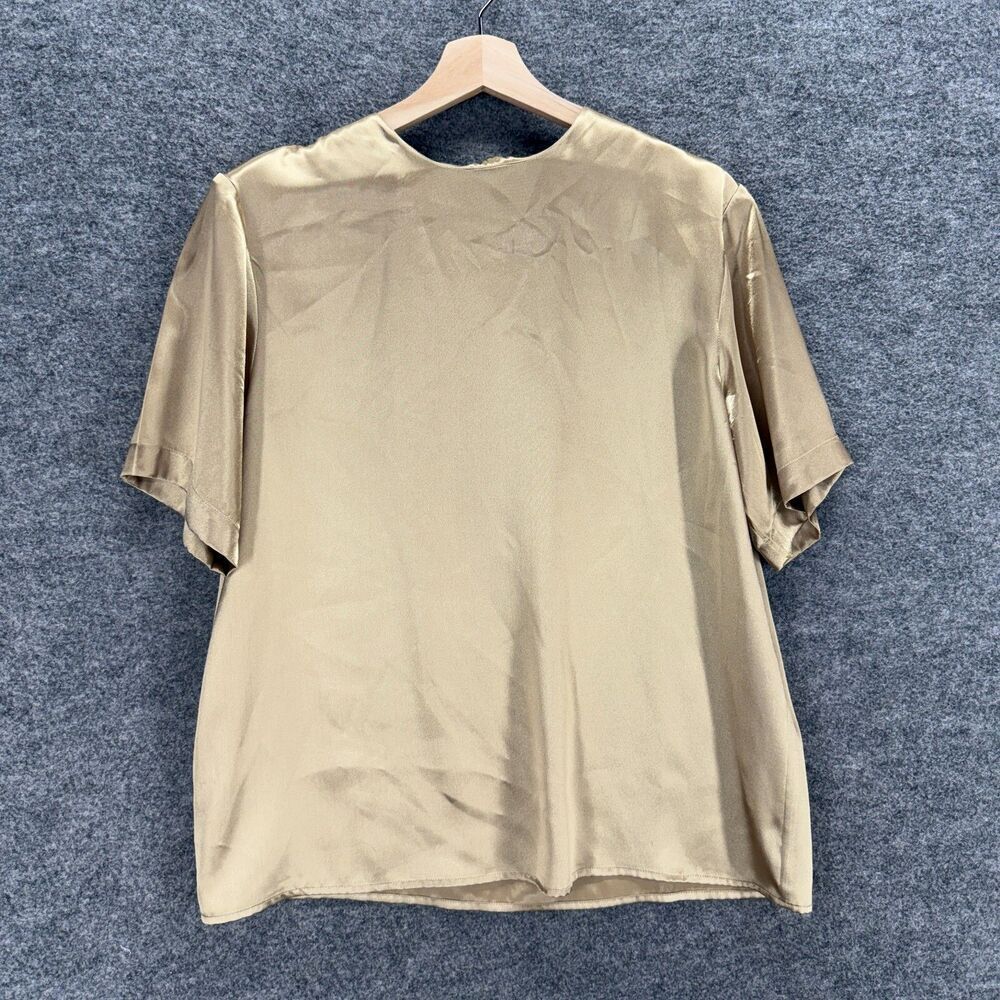 Southern Lady Blouse Women 12 Beige Crew Neck Short Sleeve Hook & Eye Casual
